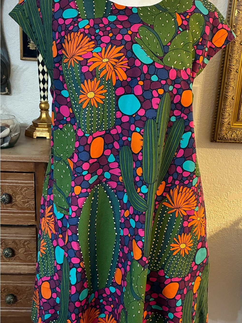 Cousin Earl Vibrant Cactus Print Short Dress with Pockets Sz XS